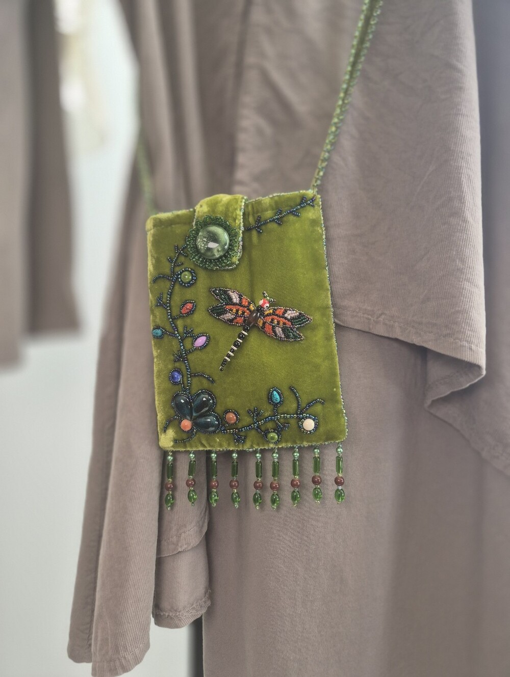 ​Handmade Beaded Velvet Crossbody Pouch - Dragonfly Motif - Green Artisan Purse